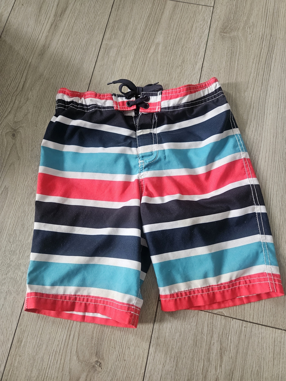 TAG Boys Striped Swim Trunks Board Shorts Size 7 Navy Turquoise Coral
